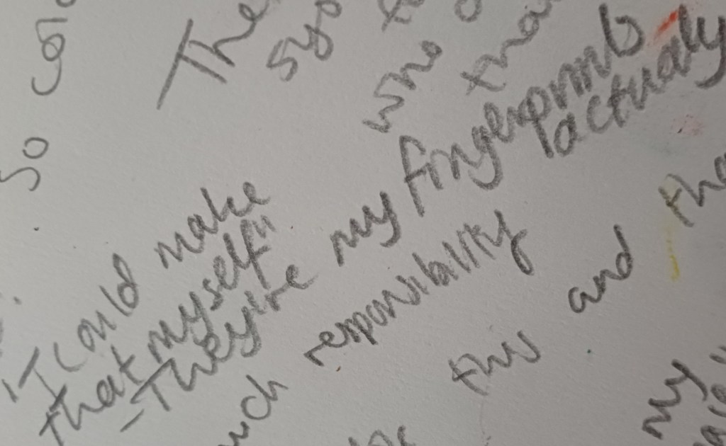 Journal note: "I could make that myself" -They're my fingerprints actually