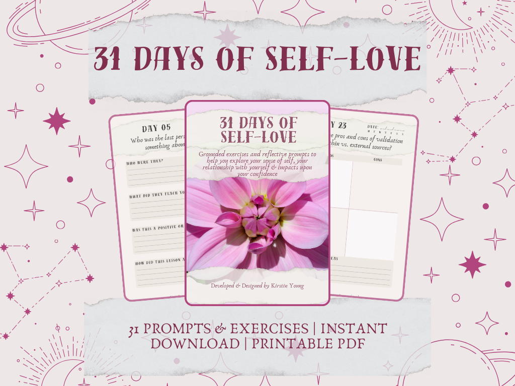 31 Days of Self-Love PDF Workbook: activities to support and develop your ability to recognise limiting beliefs about yourself, patterns in how you care for yourself, and sources of validation. https://theopaqueelephant.etsy.com/listing/1851721638
