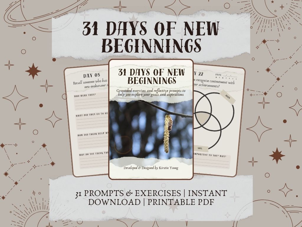 31 Days of New Beginnings digital PDF download; printable journal pages for understanding aspirations, goals and setbacks. Ideal for life transitions, new ventures, and general mindfulness. https://theopaqueelephant.etsy.com/listing/1862876853