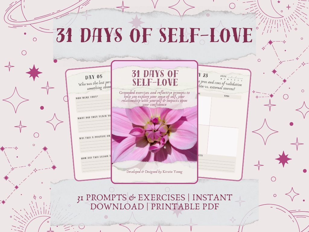 31 Days of Self-Love PDF Workbook: activities to support and develop your ability to recognise limiting beliefs about yourself, patterns in how you care for yourself, and sources of validation. https://theopaqueelephant.etsy.com/listing/1851721638